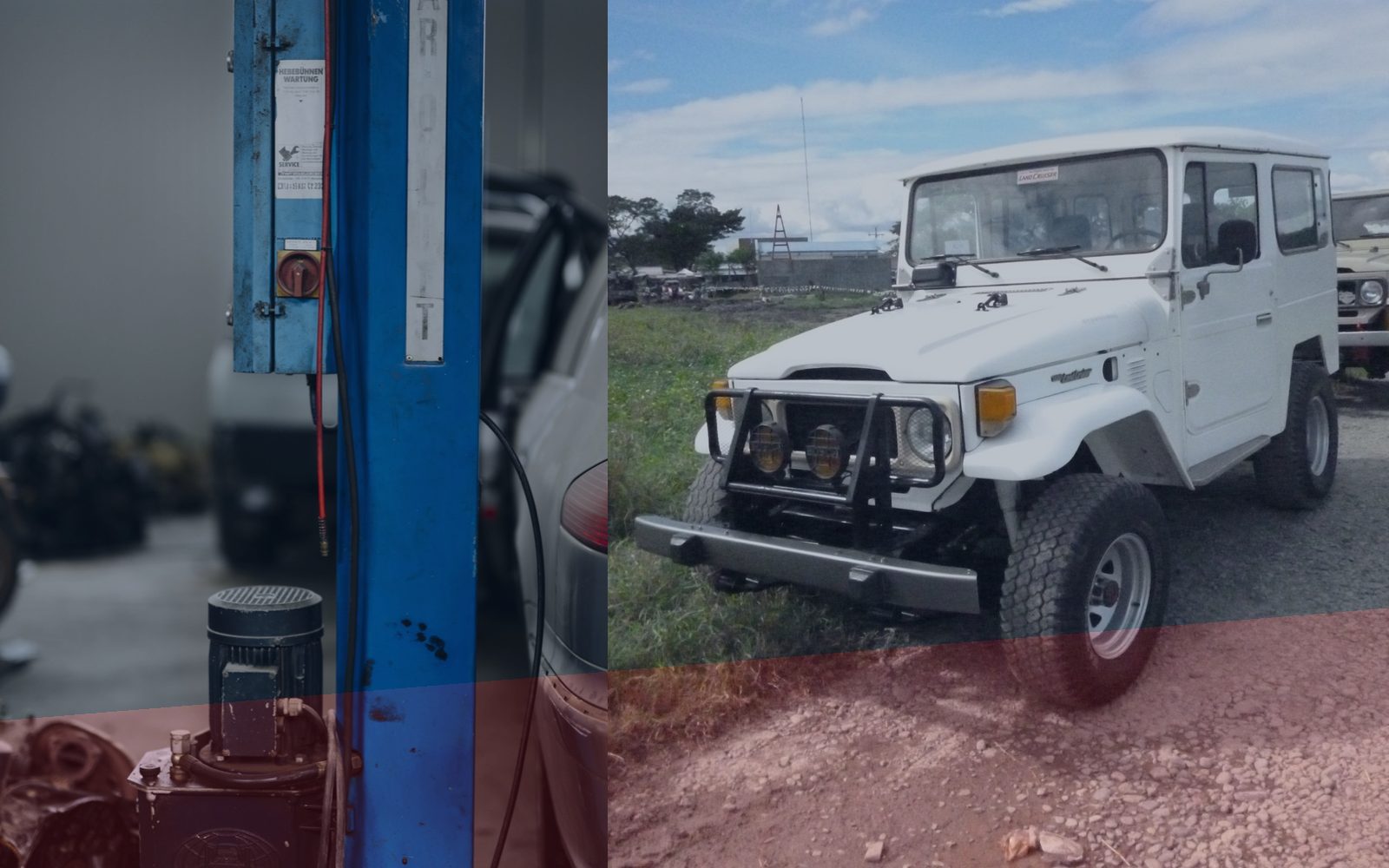 Realistic auto repair shop bay and off-road vehicle imagery for Sticker Stop Xpress